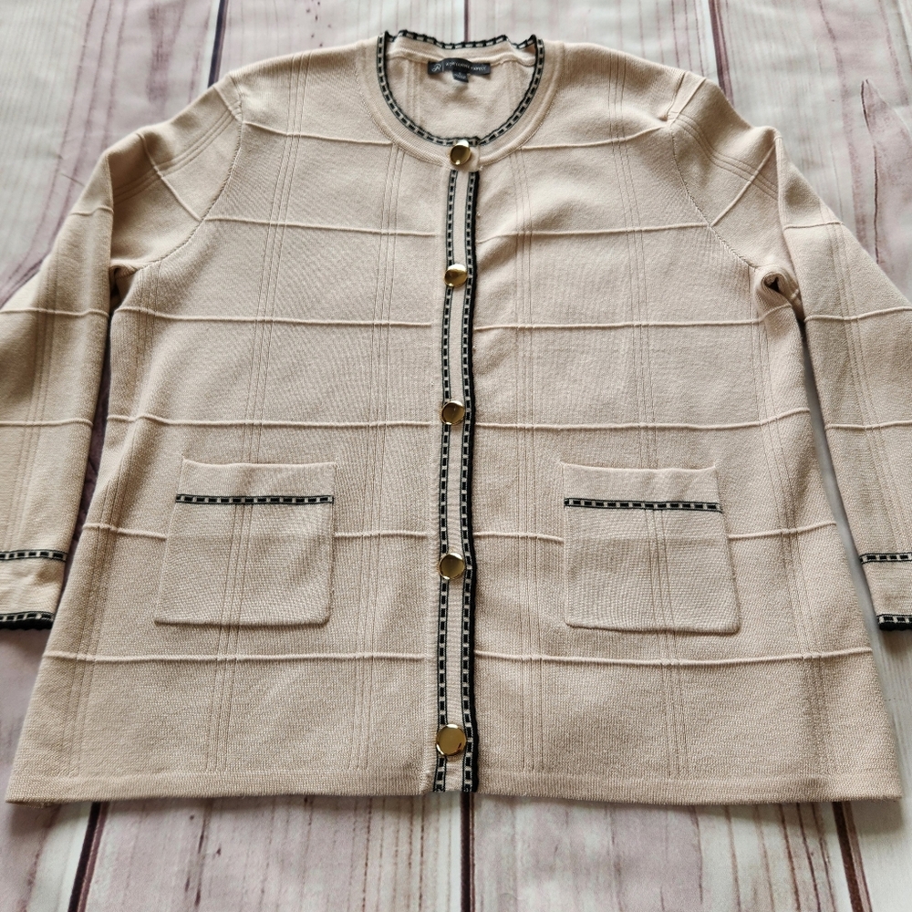Adrianna Papell "Button Front Tipped Cardigan" Tan Black | Women's Size S - Picture 5 of 12